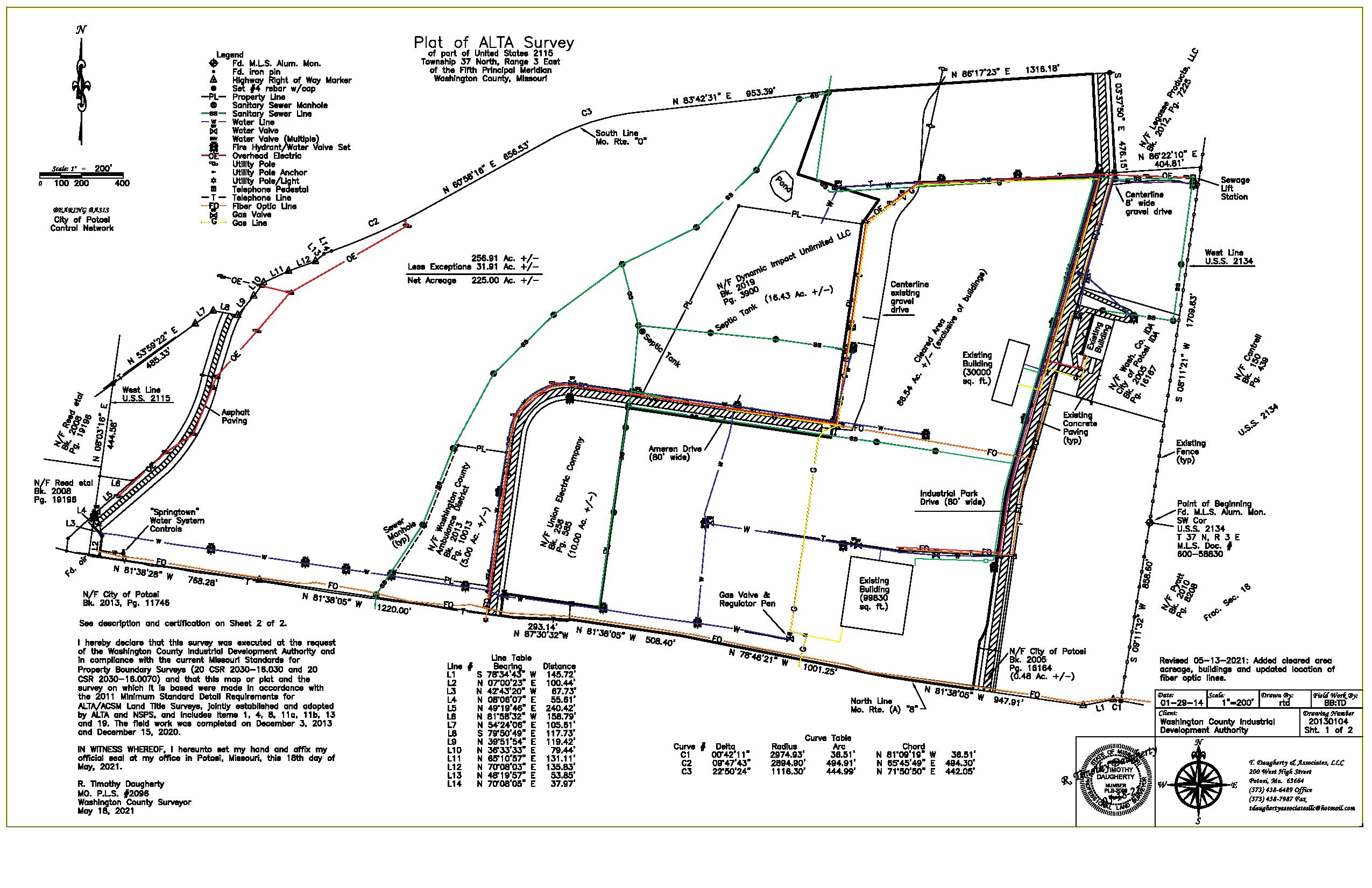 Alta survey map showing utilities and acres at the Industrial Park