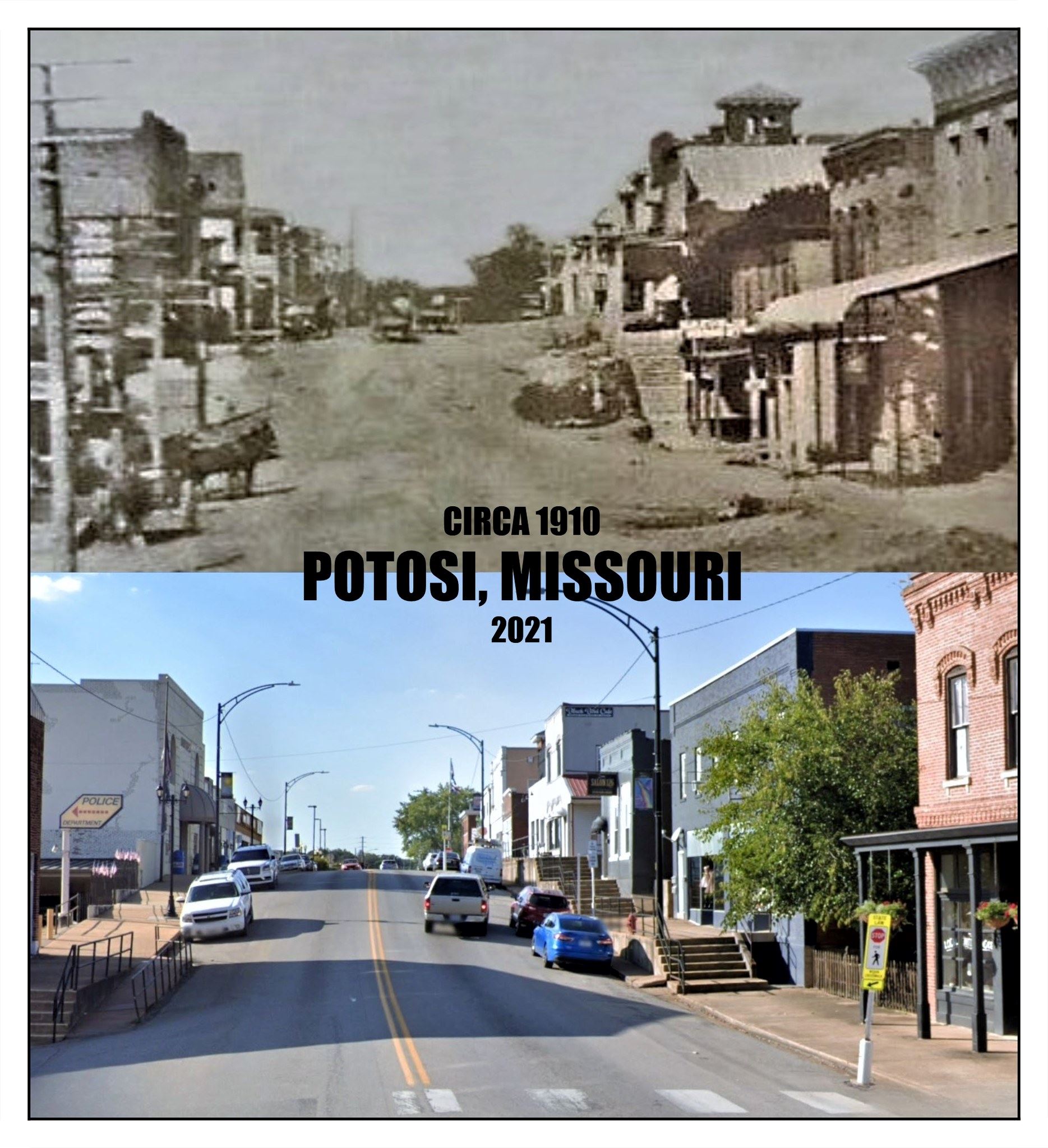 Comparison Photo of downtown Potosi in 1910 to 2021