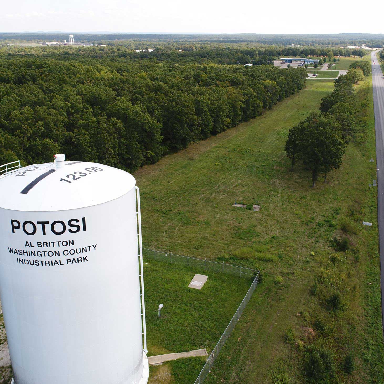 Tower out side the Washington County Industrial Park labeled "Potosi Washington County Park"